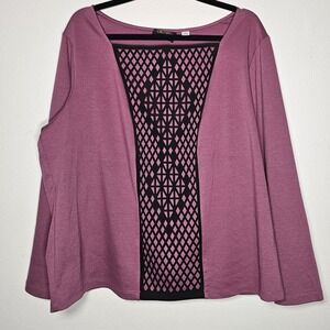 Bob Mackie Womens 1X Long Sleeve Purple Square Neck Shirt Overlay Cut Out Artsy